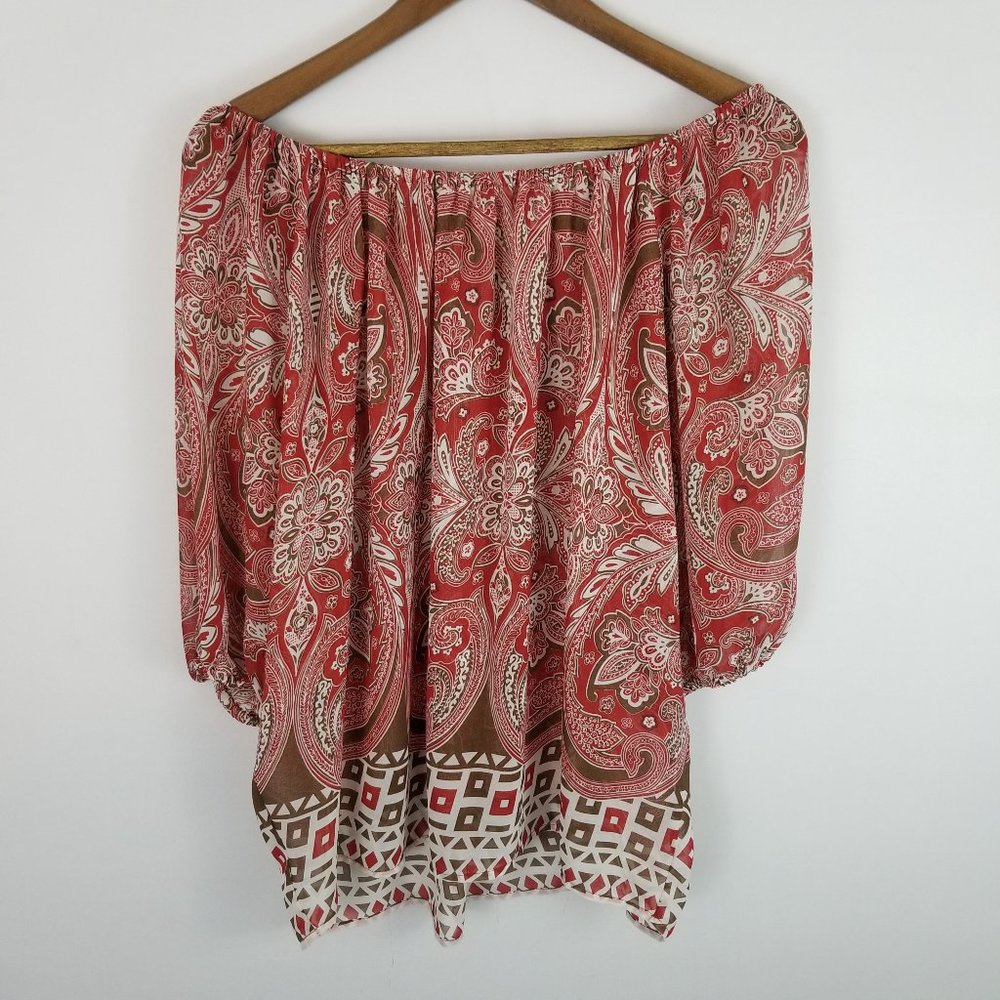 🐧Sunset Rd Paisley Print Off Shoulder Sheer Top